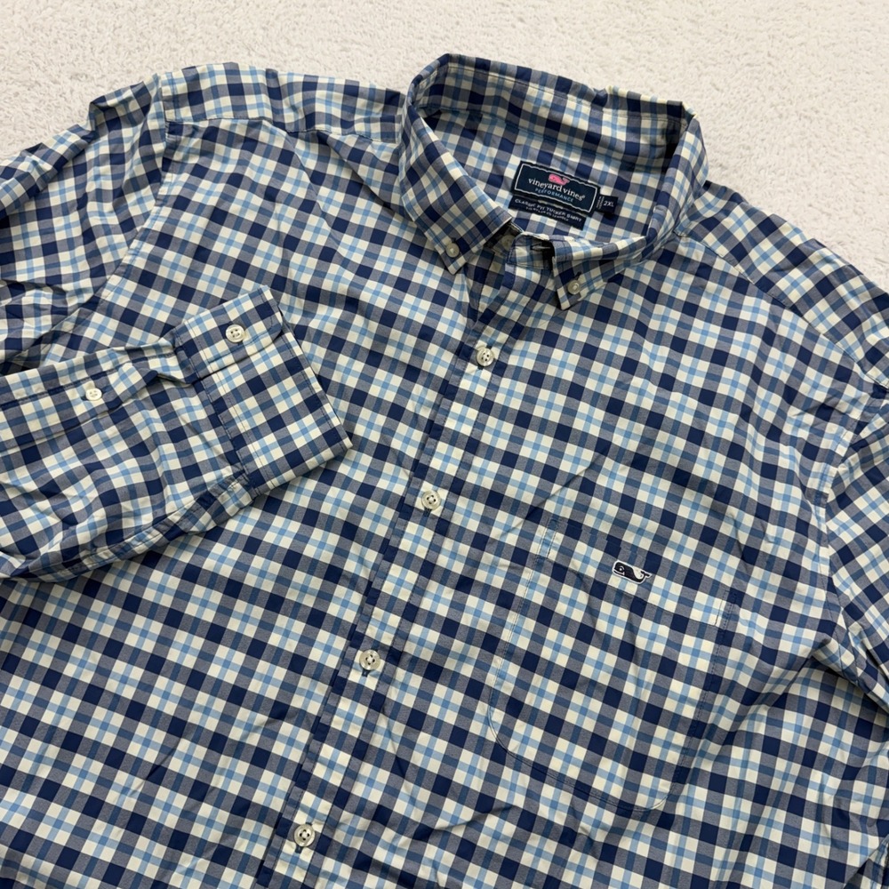 Vineyard Vines Performance Gingham Tucker Shirt Mens 2XL Blue‎ White Long Sleeve
